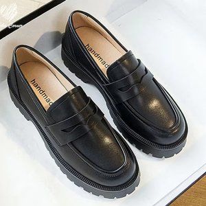 Chunky black lug sole loafer faux leather